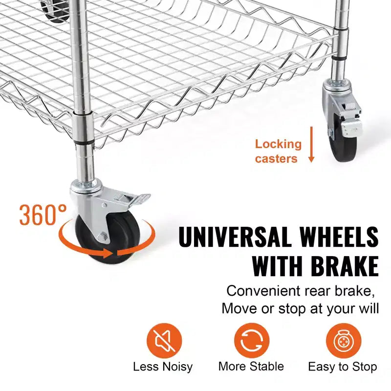 Carrello multiuso da cucina VEVOR, a 3 ripiani, carrello a rotelle in filo metallico con capacità di 300 kg, carrello portaoggetti in metallo con cestello profondo 80 mm, maniglia curva e 6 ganci