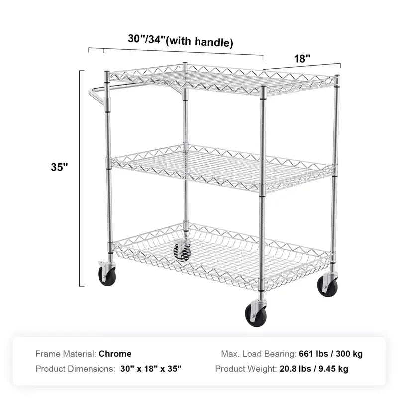 Carrello multiuso da cucina VEVOR, a 3 ripiani, carrello a rotelle in filo metallico con capacità di 300 kg, carrello portaoggetti in metallo con cestello profondo 80 mm, maniglia curva e 6 ganci