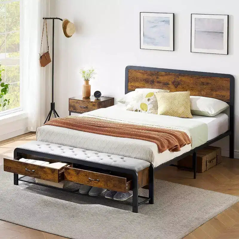 Queen Bed Frame with Ottoman Storage, Headboard, Sturdy Metal Support, Safe Rounded Corners, No Box Spring Needed, Stylish