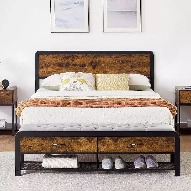 Letto matrimoniale con contenitore a ottoman, testiera, robusto supporto in metallo, angoli arrotondati sicuri, non necessita di rete a molle, elegante