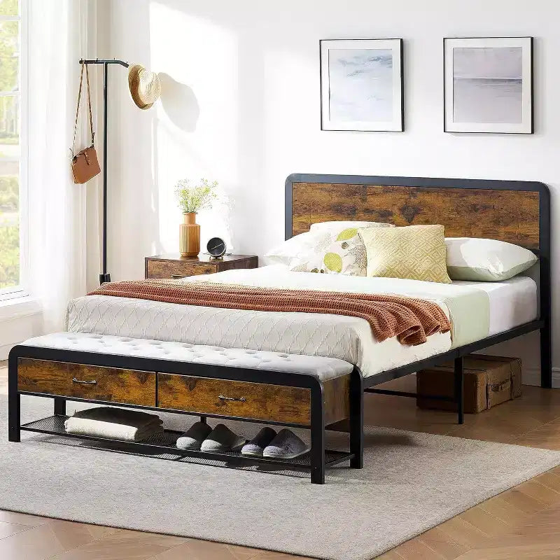 Letto matrimoniale con contenitore a ottoman, testiera, robusto supporto in metallo, angoli arrotondati sicuri, non necessita di rete a molle, elegante