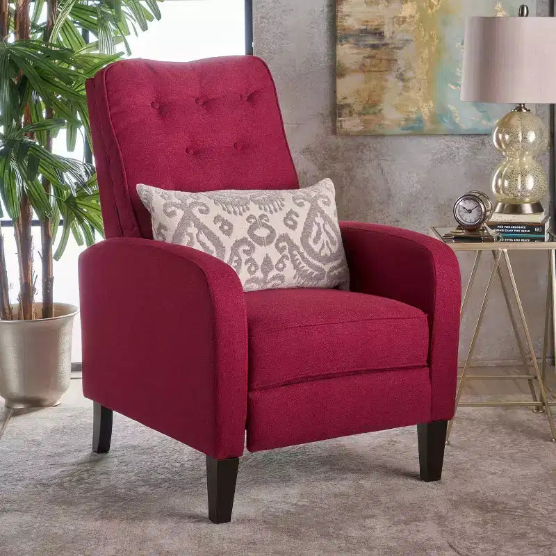GDFStudio Nissa Contemporary Fabric Tufted Pushback Recliner, Red/Dark Brown