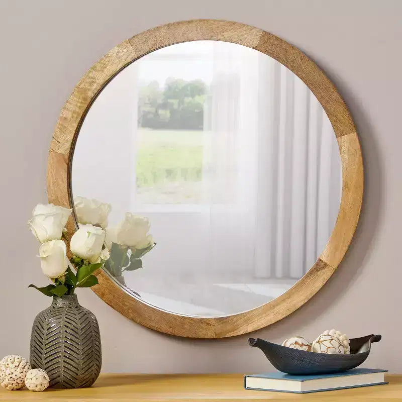 Christopher Knight Home Cheval Specchio da parete rotondo moderno fatto a mano in legno di mango, marrone