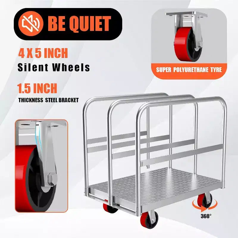 Carrello per lastre in metallo 2 in 1 interamente in acciaio resistente con 1 maniglione anteriore e 2 maniglioni laterali, carrello per cartongesso da 900 kg con ruote girevoli in gomma