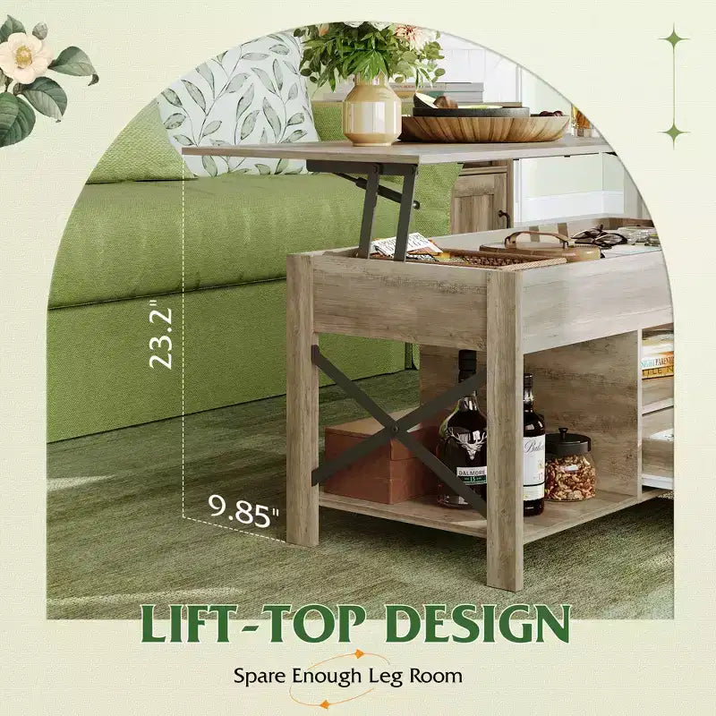 Tavolino da Caffè DEXYLLO 39 con Piano Sollevabile, Scomparto Nascosto, Cassetti Contenitori e Ripiano Contenitore per Soggiorno, Sala d'Attesa