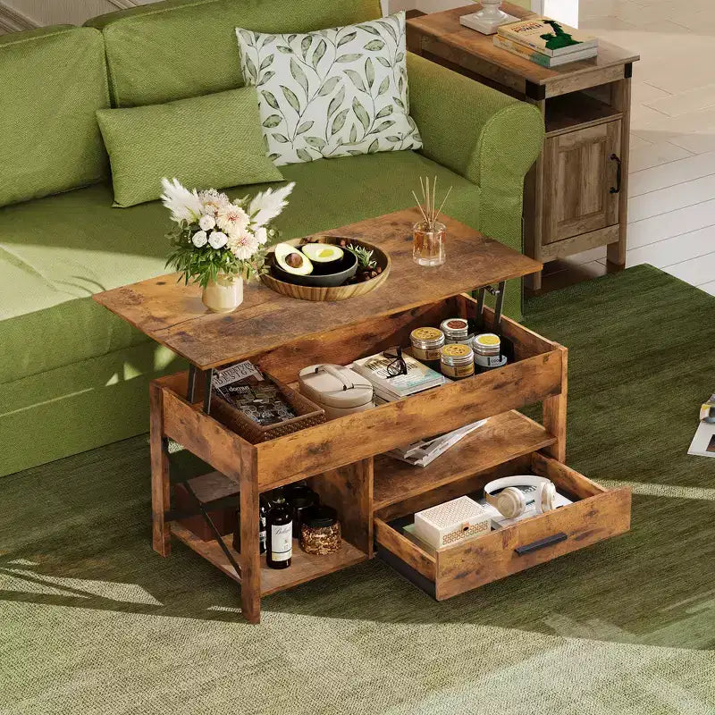 Tavolino da Caffè DEXYLLO 39 con Piano Sollevabile, Scomparto Nascosto, Cassetti Contenitori e Ripiano Contenitore per Soggiorno, Sala d'Attesa