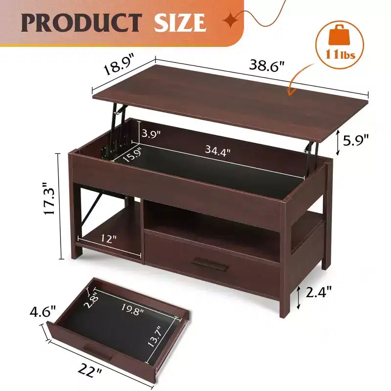 Tavolino da Caffè DEXYLLO 39 con Piano Sollevabile, Scomparto Nascosto, Cassetti Contenitori e Ripiano Contenitore per Soggiorno, Sala d'Attesa