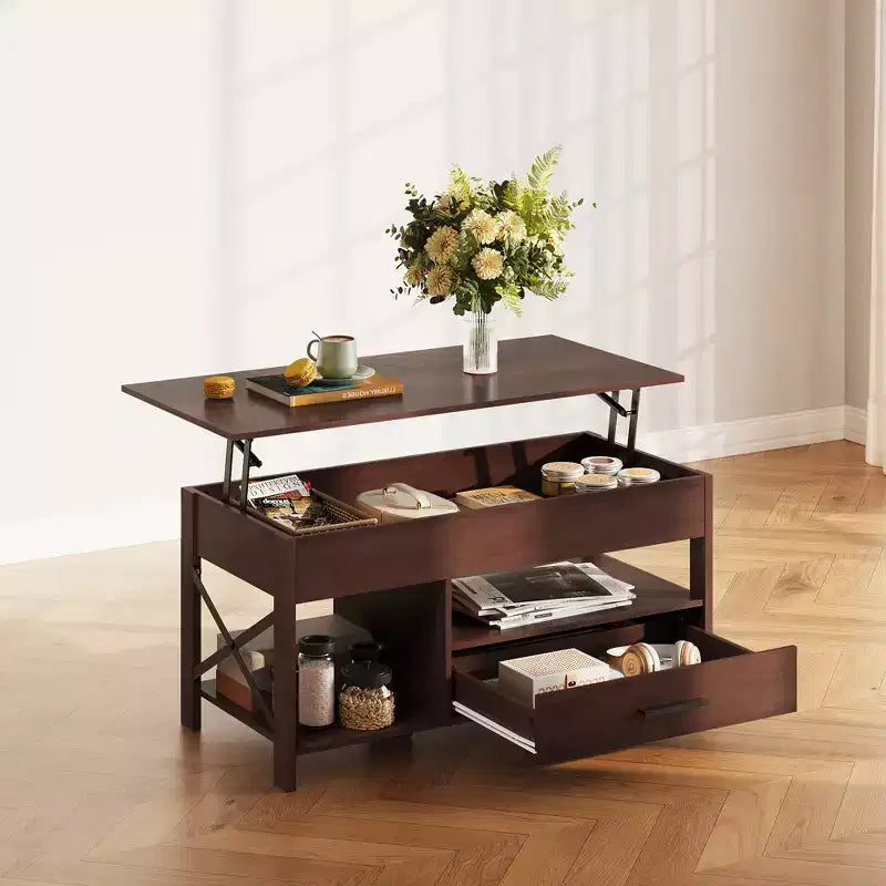 Tavolino da Caffè DEXYLLO 39 con Piano Sollevabile, Scomparto Nascosto, Cassetti Contenitori e Ripiano Contenitore per Soggiorno, Sala d'Attesa