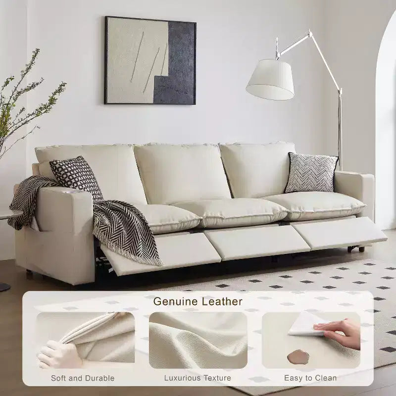 Divano sezionale reclinabile elettrico in vera pelle bianca ATJafurn con USB e portabicchieri, regolabile individualmente per ogni sedile, 3 posti