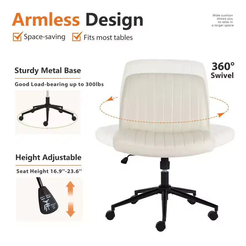 Sedia da ufficio versatile e regolabile in tessuto, girevole, con sedile ampio imbottito e design senza braccioli con gambe incrociate