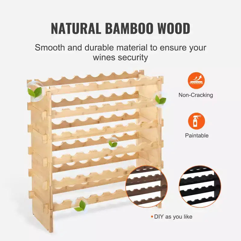 VEVOR Portabottiglie Modulare Impilabile per 48 Bottiglie, Scaffale in Legno di Bambù Massiccio a 6 Livelli, Espositore da Terra Indipendente, Colore Naturale