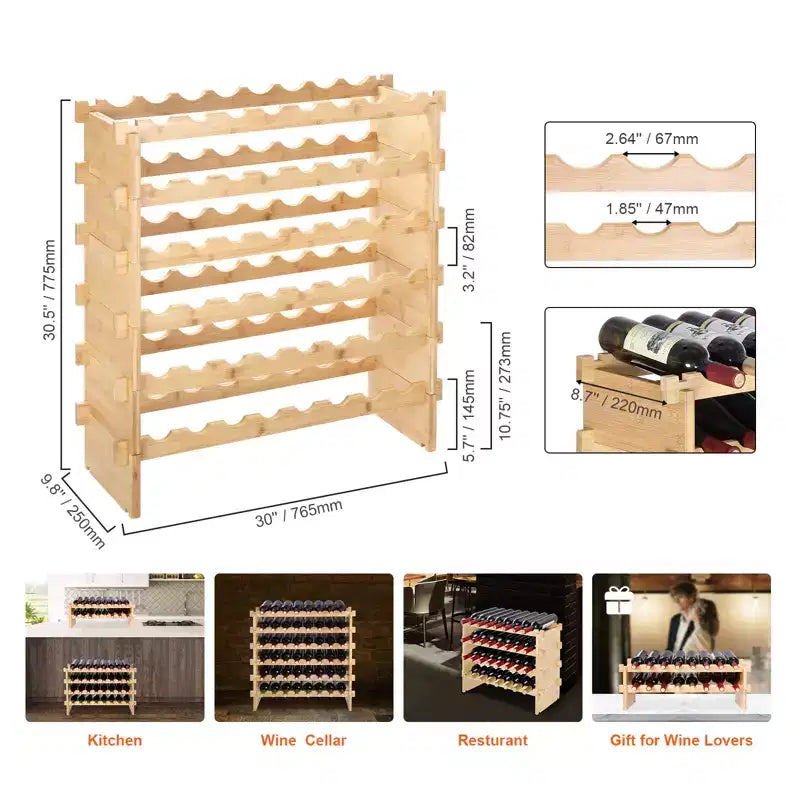 VEVOR Portabottiglie Modulare Impilabile per 48 Bottiglie, Scaffale in Legno di Bambù Massiccio a 6 Livelli, Espositore da Terra Indipendente, Colore Naturale