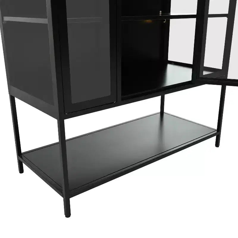 Vetrina da esposizione a LED con ante in vetro, armadio in acciaio con ripiani regolabili, organizer dispensa, nero-ModernLuxe