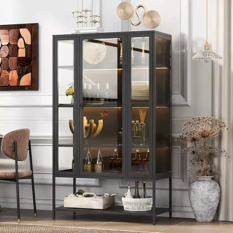 Vetrina da esposizione a LED con ante in vetro, armadio in acciaio con ripiani regolabili, organizer dispensa, nero-ModernLuxe