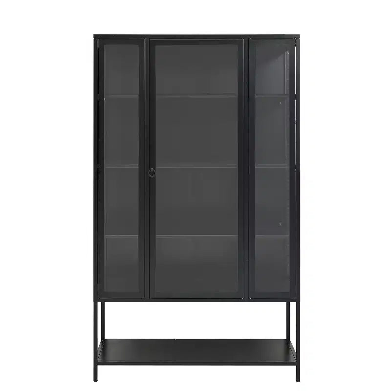 Vetrina da esposizione a LED con ante in vetro, armadio in acciaio con ripiani regolabili, organizer dispensa, nero-ModernLuxe
