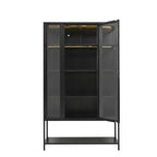 Vetrina da esposizione a LED con ante in vetro, armadio in acciaio con ripiani regolabili, organizer dispensa, nero-ModernLuxe