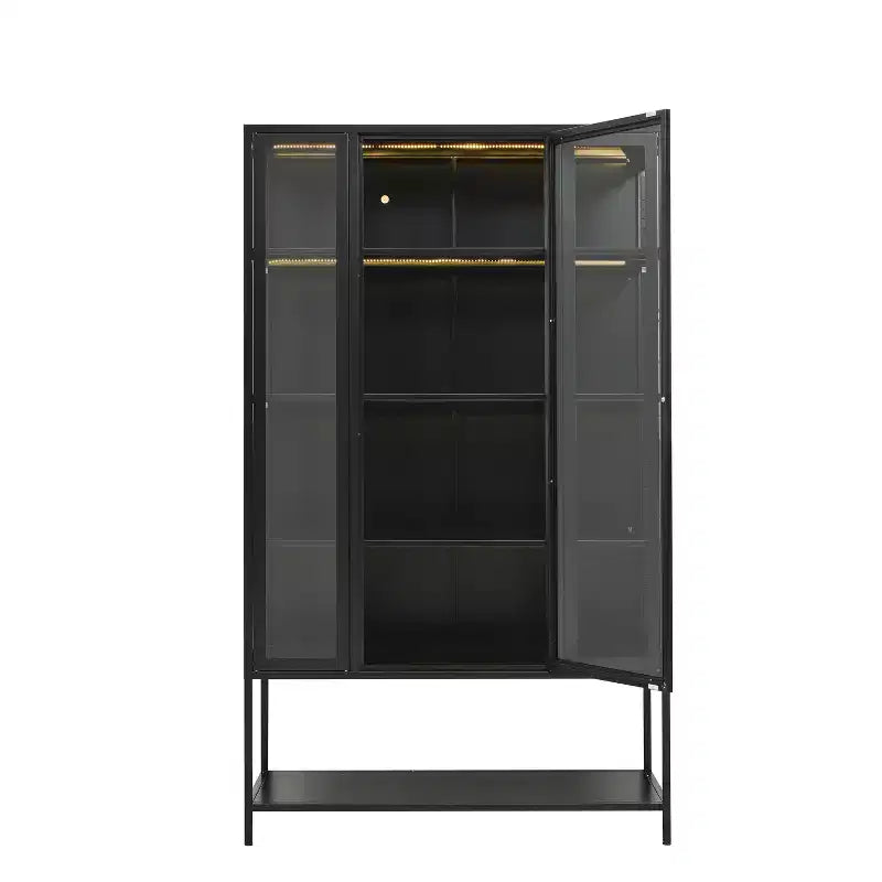 Vetrina da esposizione a LED con ante in vetro, armadio in acciaio con ripiani regolabili, organizer dispensa, nero-ModernLuxe