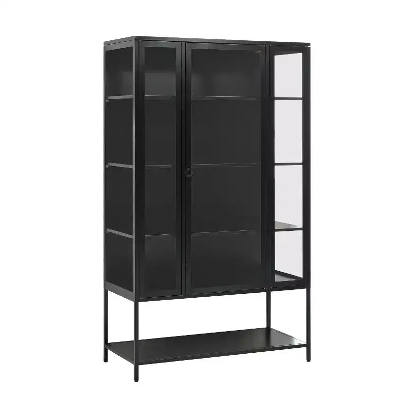 Vetrina da esposizione a LED con ante in vetro, armadio in acciaio con ripiani regolabili, organizer dispensa, nero-ModernLuxe