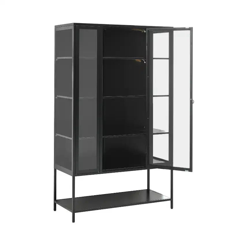 Vetrina da esposizione a LED con ante in vetro, armadio in acciaio con ripiani regolabili, organizer dispensa, nero-ModernLuxe