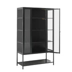 Vetrina da esposizione a LED con ante in vetro, armadio in acciaio con ripiani regolabili, organizer dispensa, nero-ModernLuxe