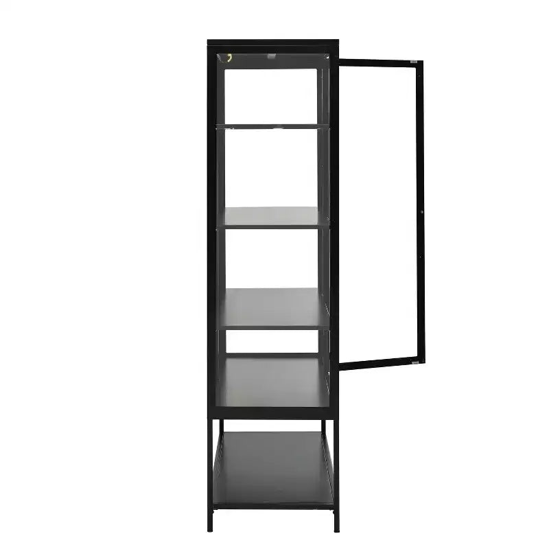 Vetrina da esposizione a LED con ante in vetro, armadio in acciaio con ripiani regolabili, organizer dispensa, nero-ModernLuxe