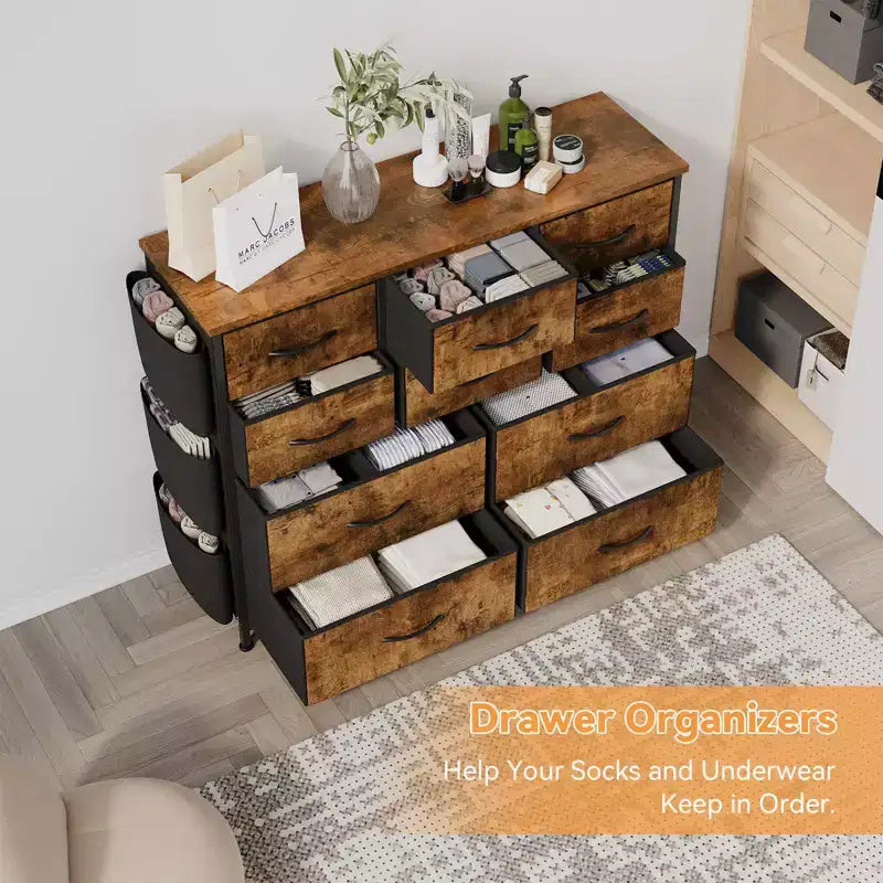 Cassettiera per vestiti con 10 cassetti e tasche laterali, Organizer portaoggetti verticale, Mobile TV