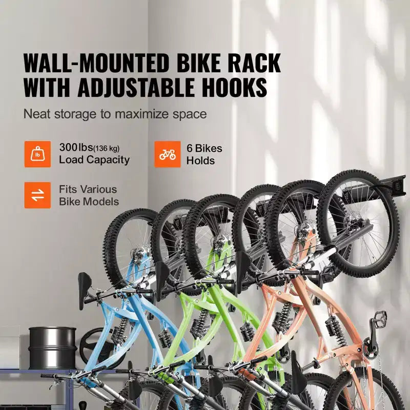 Portabiciclette VEVOR, 6 Posti Bici e 6 Ganci per Caschi, Supporto per Bici da Muro, Organizzatore per Casa e Garage