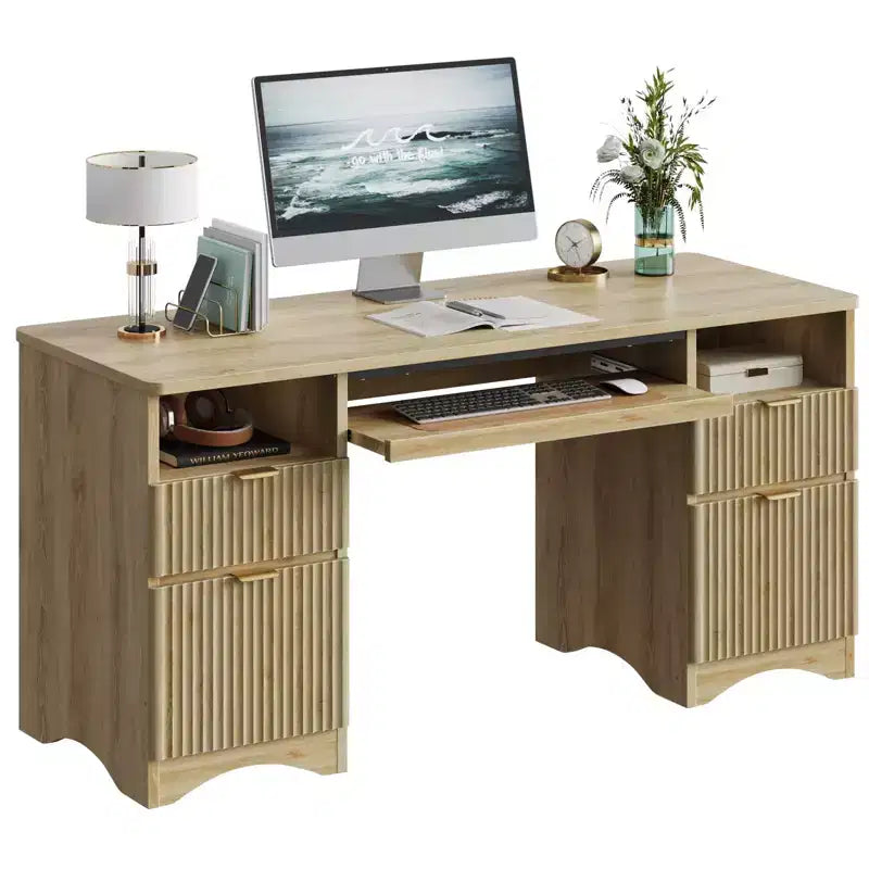 Scrivania da ufficio direzionale Bestier 59'' con cassetti, scrivania per computer con vassoio per tastiera, workstation da scrittura per ufficio e casa con ripiani aperti