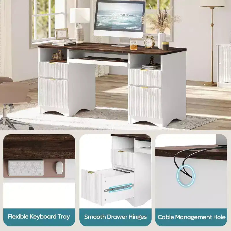Scrivania da ufficio direzionale Bestier 59'' con cassetti, scrivania per computer con vassoio per tastiera, workstation da scrittura per ufficio e casa con ripiani aperti