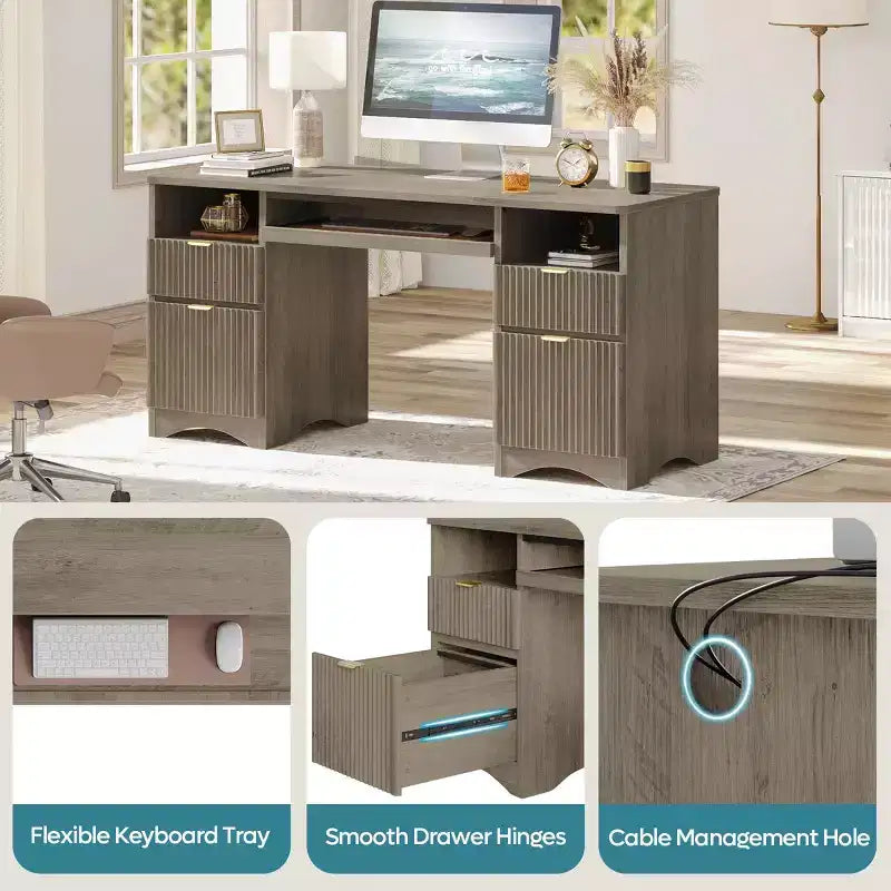 Scrivania da ufficio direzionale Bestier 59'' con cassetti, scrivania per computer con vassoio per tastiera, workstation da scrittura per ufficio e casa con ripiani aperti