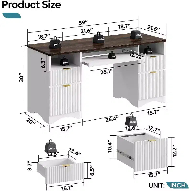 Scrivania da ufficio direzionale Bestier 59'' con cassetti, scrivania per computer con vassoio per tastiera, workstation da scrittura per ufficio e casa con ripiani aperti
