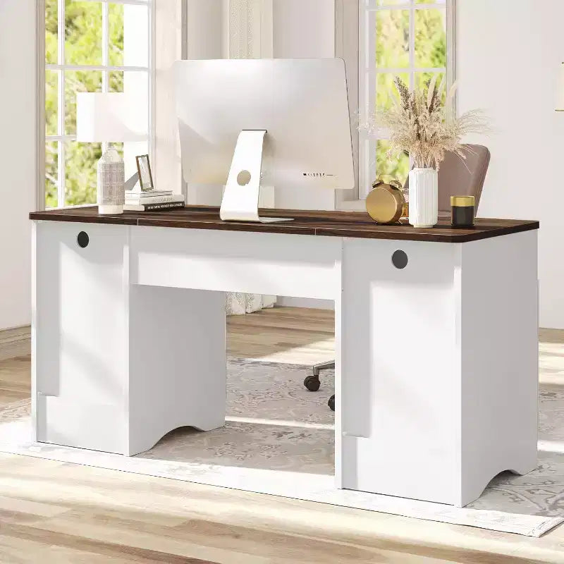 Scrivania da ufficio direzionale Bestier 59'' con cassetti, scrivania per computer con vassoio per tastiera, workstation da scrittura per ufficio e casa con ripiani aperti