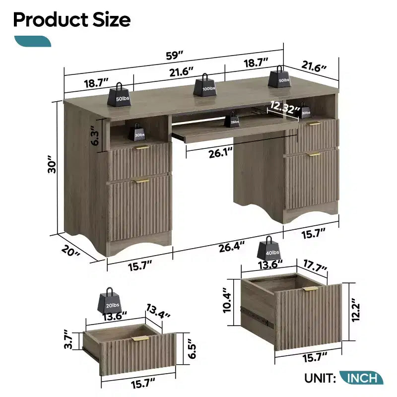 Scrivania da ufficio direzionale Bestier 59'' con cassetti, scrivania per computer con vassoio per tastiera, workstation da scrittura per ufficio e casa con ripiani aperti