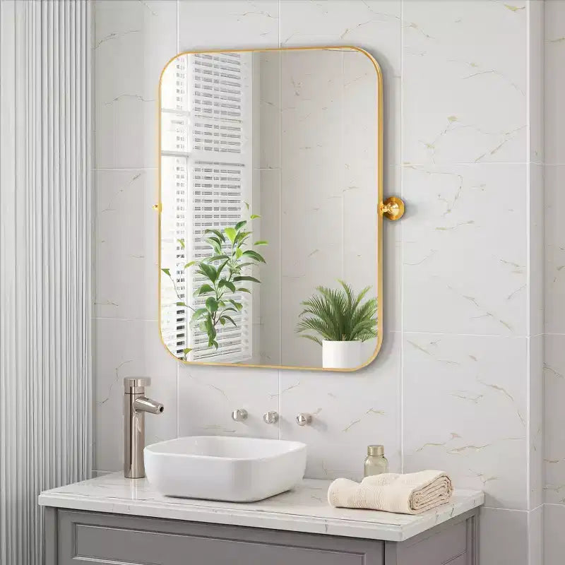 Gold Metal Hanging Mirror with Iron Round Corner Rectangular Frame, 91x61x4cm