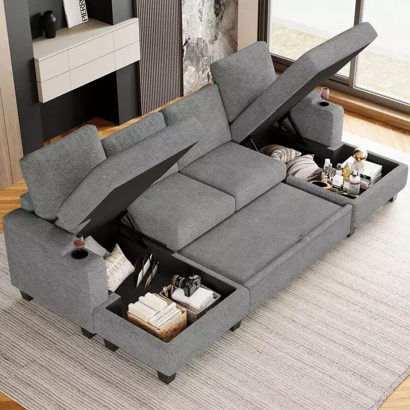 Divano componibile a 6 posti a forma di U Belffin - Divano modulare in ciniglia con letto estraibile e doppia penisola contenitore