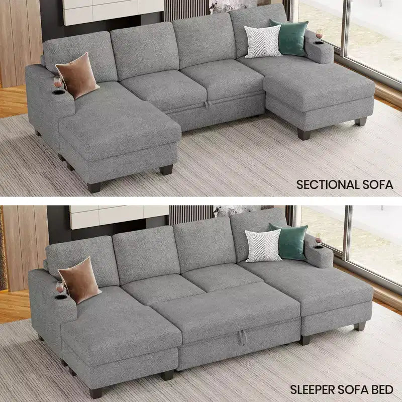 Divano componibile a 6 posti a forma di U Belffin - Divano modulare in ciniglia con letto estraibile e doppia penisola contenitore