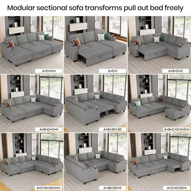 Divano componibile a 6 posti a forma di U Belffin - Divano modulare in ciniglia con letto estraibile e doppia penisola contenitore