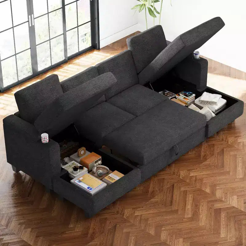Divano componibile a 6 posti a forma di U Belffin - Divano modulare in ciniglia con letto estraibile e doppia penisola contenitore
