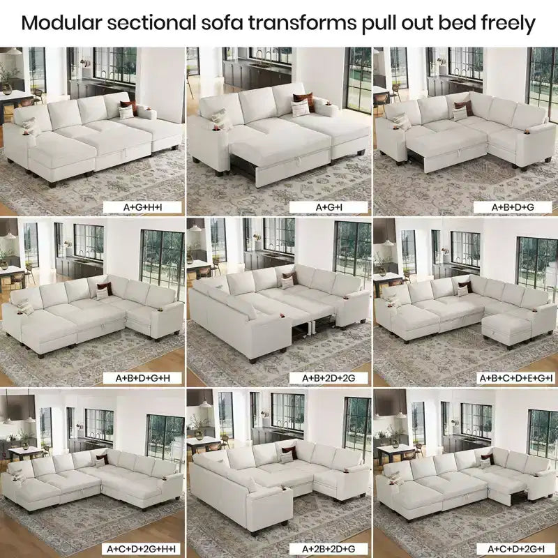 Divano componibile a 6 posti a forma di U Belffin - Divano modulare in ciniglia con letto estraibile e doppia penisola contenitore