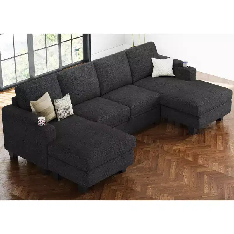 Divano componibile a 6 posti a forma di U Belffin - Divano modulare in ciniglia con letto estraibile e doppia penisola contenitore