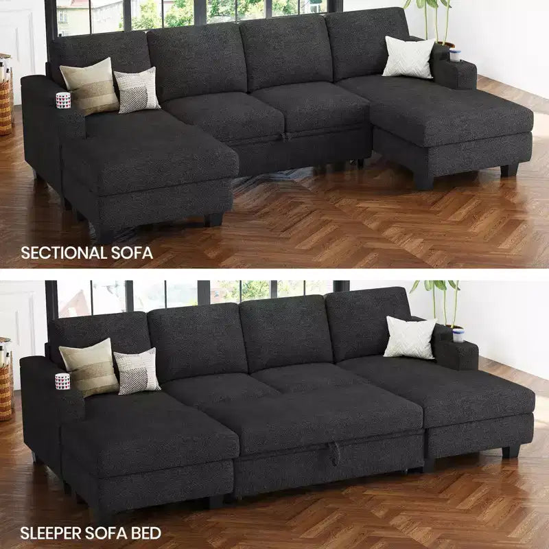 Divano componibile a 6 posti a forma di U Belffin - Divano modulare in ciniglia con letto estraibile e doppia penisola contenitore