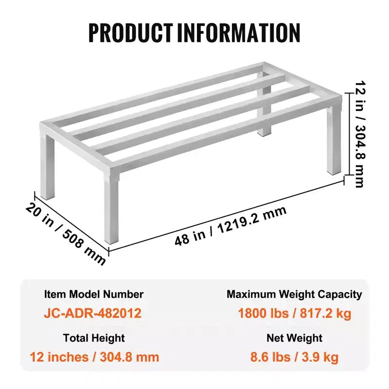 VEVOR Scaffale in Alluminio, 122 x 51 cm, Scaffale Commerciale per Alimenti da Pavimento, 30 cm da Terra, Capacità 816 kg, Scaffale di Stoccaggio in Alluminio Completamente Saldato