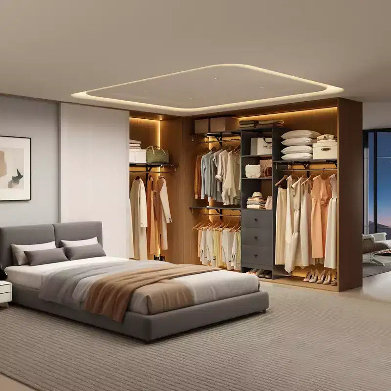 MAYEERTY Gray 96x16x75 High-Capacity Wardrobe Rack - 3 Drawers, Shelves, Expandable Rods, Stylish & Durable