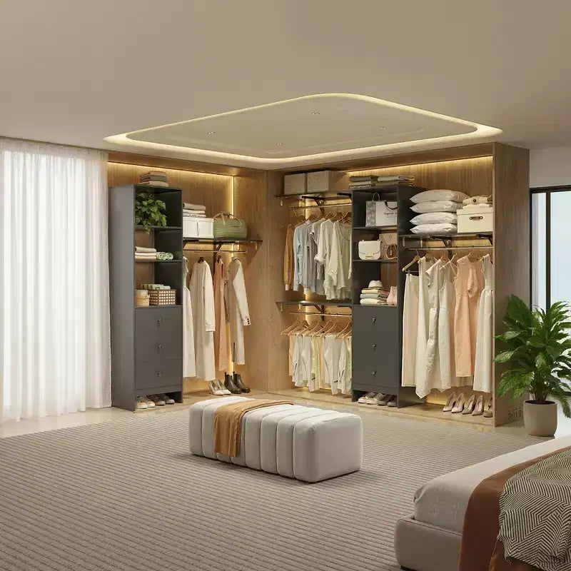 MAYEERTY Grigio 96x16x75 Appendiabiti Guardaroba ad Alta Capacità - 3 Cassetti, Ripiani, Aste Espandibili, Elegante e Durevole