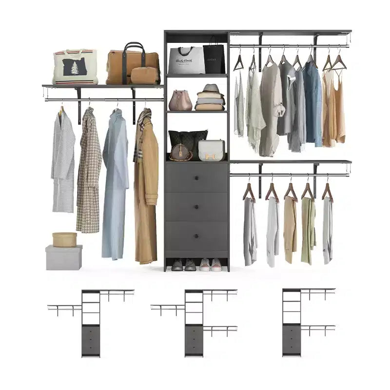 MAYEERTY Grigio 96x16x75 Appendiabiti Guardaroba ad Alta Capacità - 3 Cassetti, Ripiani, Aste Espandibili, Elegante e Durevole