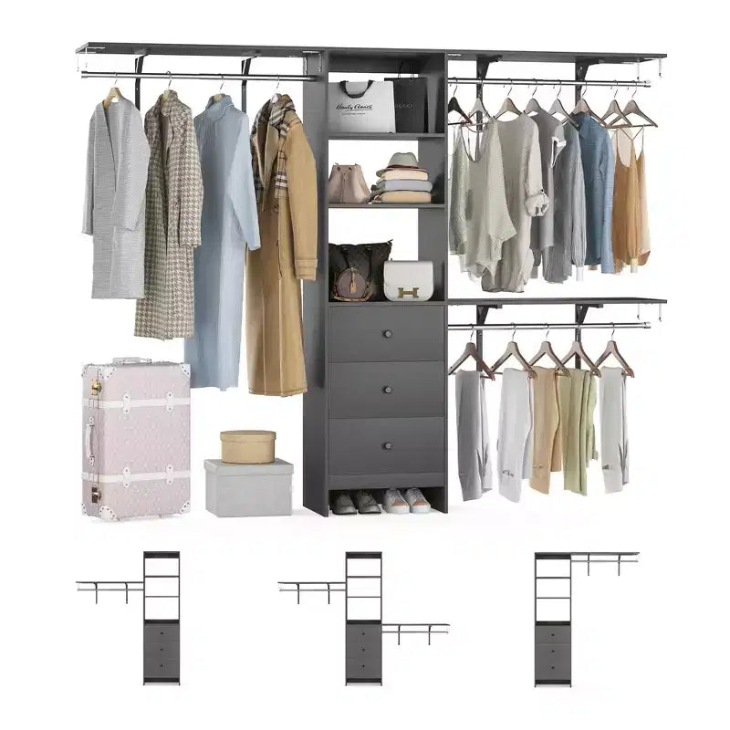 MAYEERTY Grigio 96x16x75 Appendiabiti Guardaroba ad Alta Capacità - 3 Cassetti, Ripiani, Aste Espandibili, Elegante e Durevole