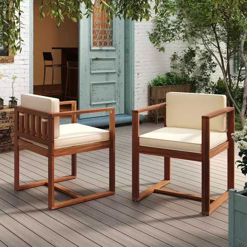 MAYEERTY Set di 2 Sedie da Pranzo con Braccioli per Esterni in Legno di Teak e Acacia con Spessi Cuscini Beige, Capacità 180 kg