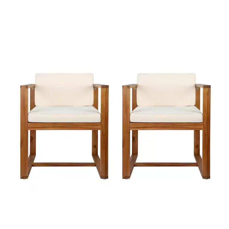 MAYEERTY Set di 2 Sedie da Pranzo con Braccioli per Esterni in Legno di Teak e Acacia con Spessi Cuscini Beige, Capacità 180 kg