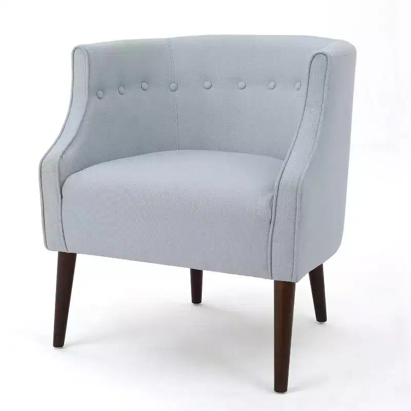 Poltrona in tessuto Okak, poltroncina a bottoni, elegante poltroncina imbottita con gambe in legno di betulla per soggiorno e camera da letto