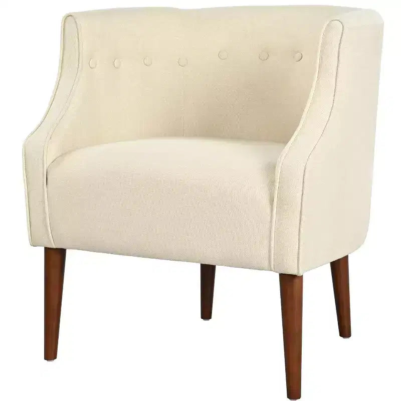 Poltrona in tessuto Okak, poltroncina a bottoni, elegante poltroncina imbottita con gambe in legno di betulla per soggiorno e camera da letto